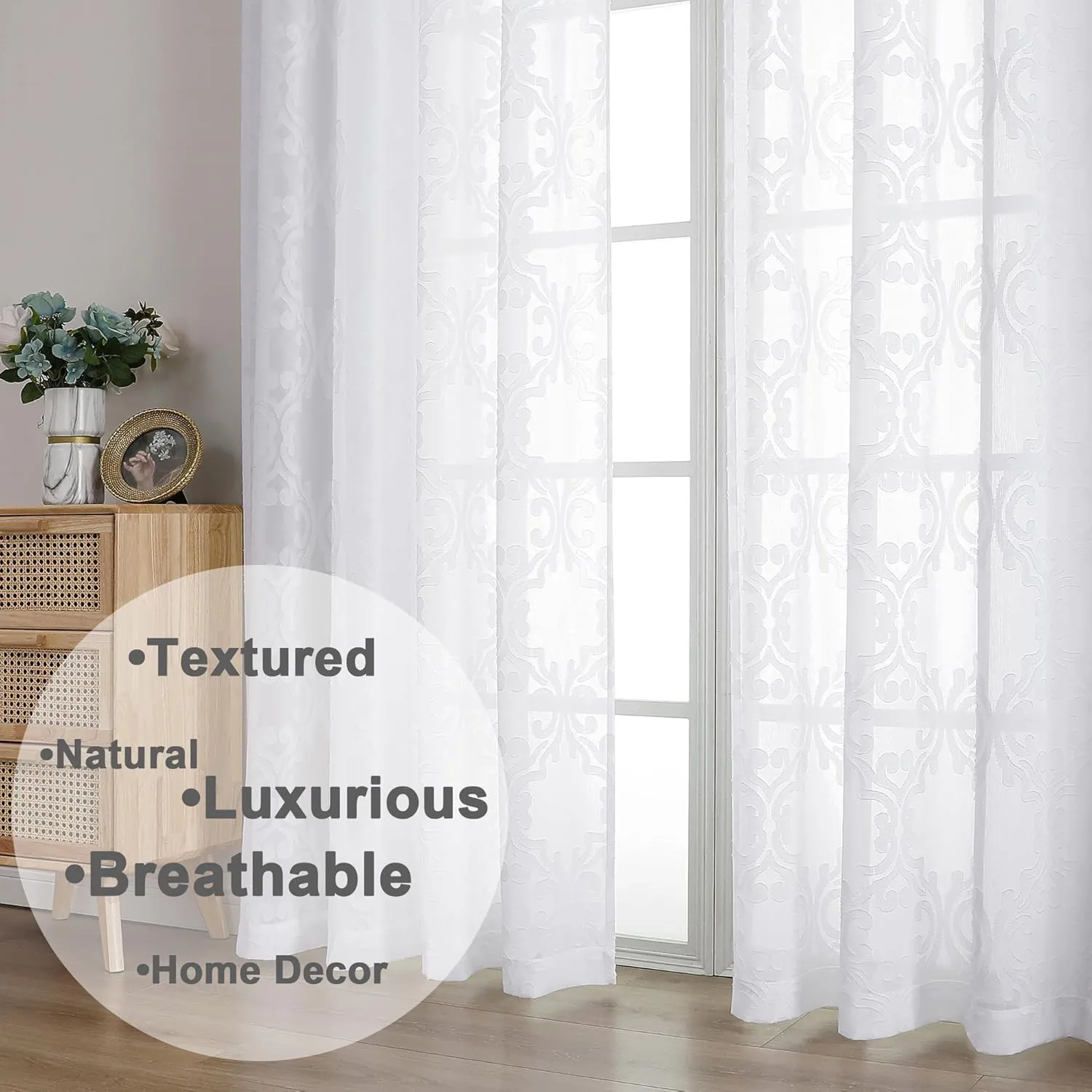 Aiyufeng Sheer Curtains 96 Inches Long for Farmhouse 2 Panels Set, Soft Lightweight & Breathable Elegant Jacquard White Semi Sheer Curtains with Rod Pocket Design for Bedroom Living Room, 54Wx96L Inch