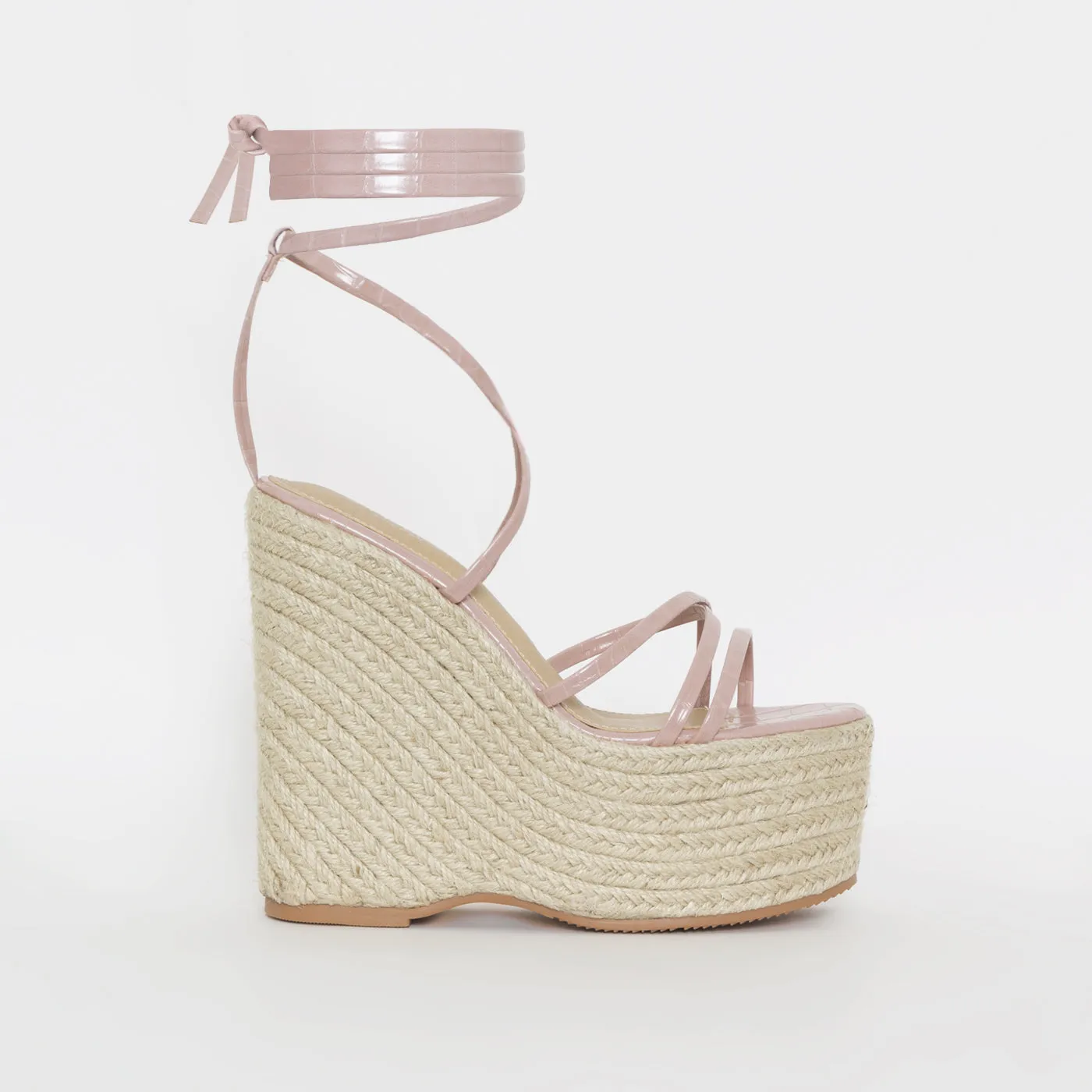 Alessia Pink Faux Croc Print Lace Up Espadrille Wedges