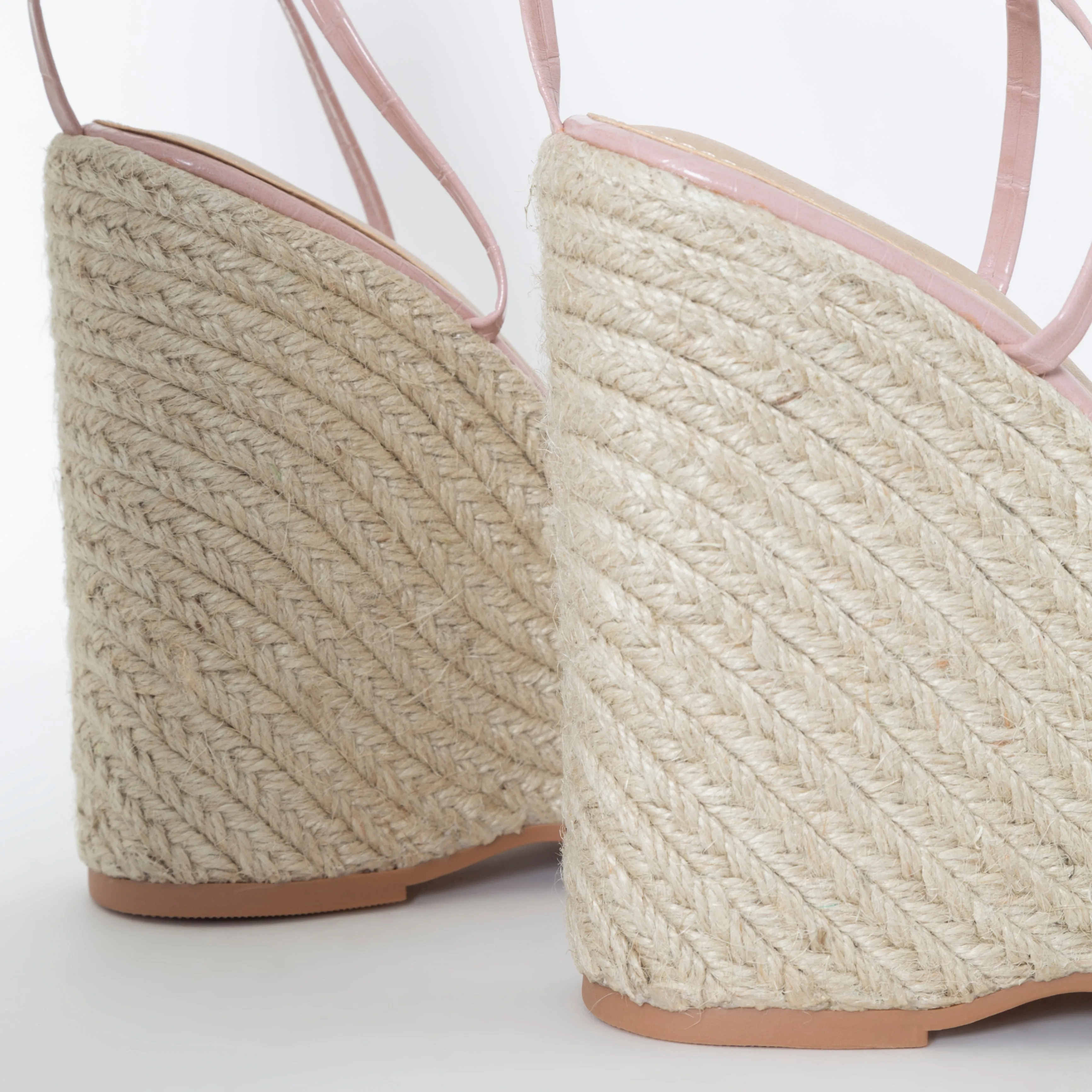 Alessia Pink Faux Croc Print Lace Up Espadrille Wedges