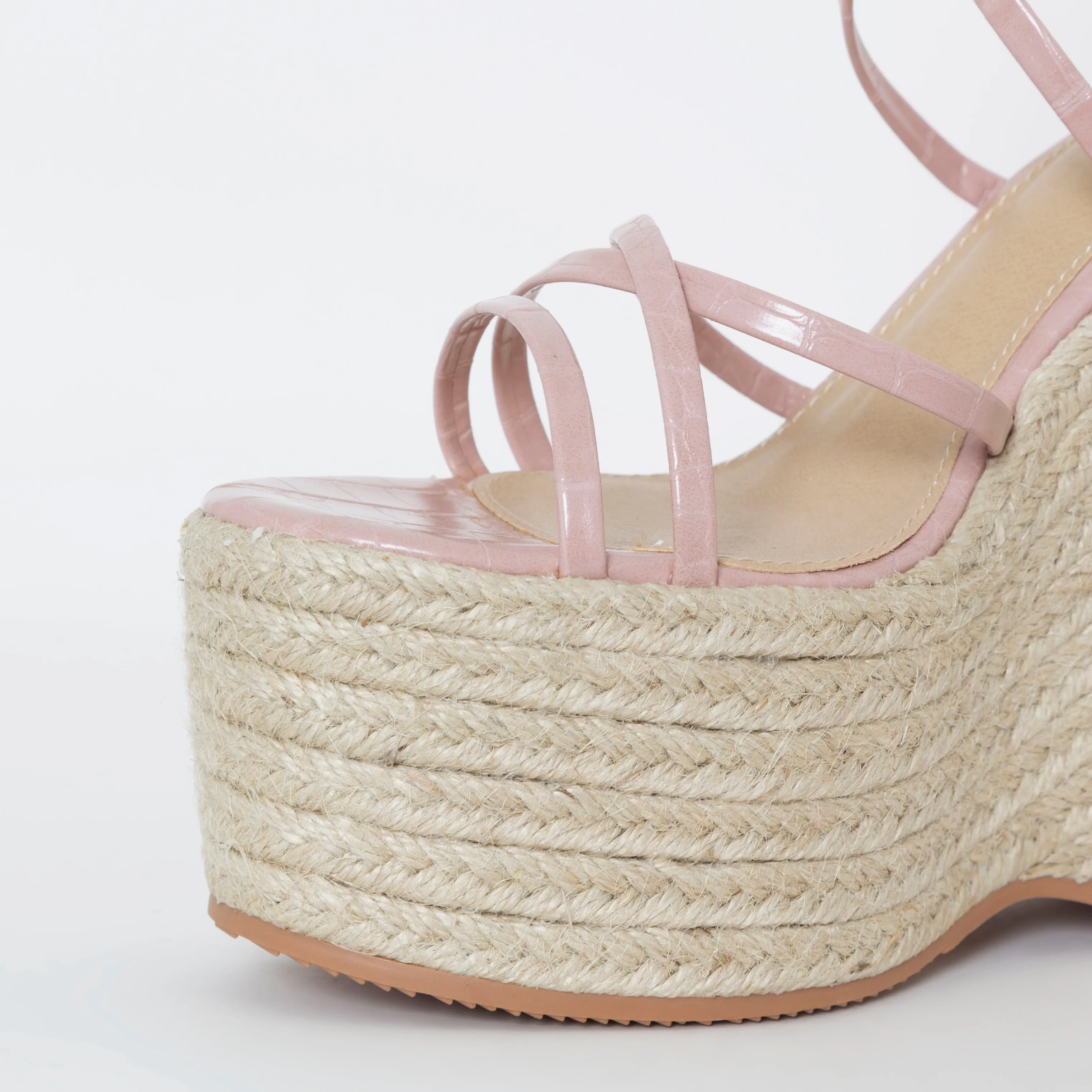 Alessia Pink Faux Croc Print Lace Up Espadrille Wedges
