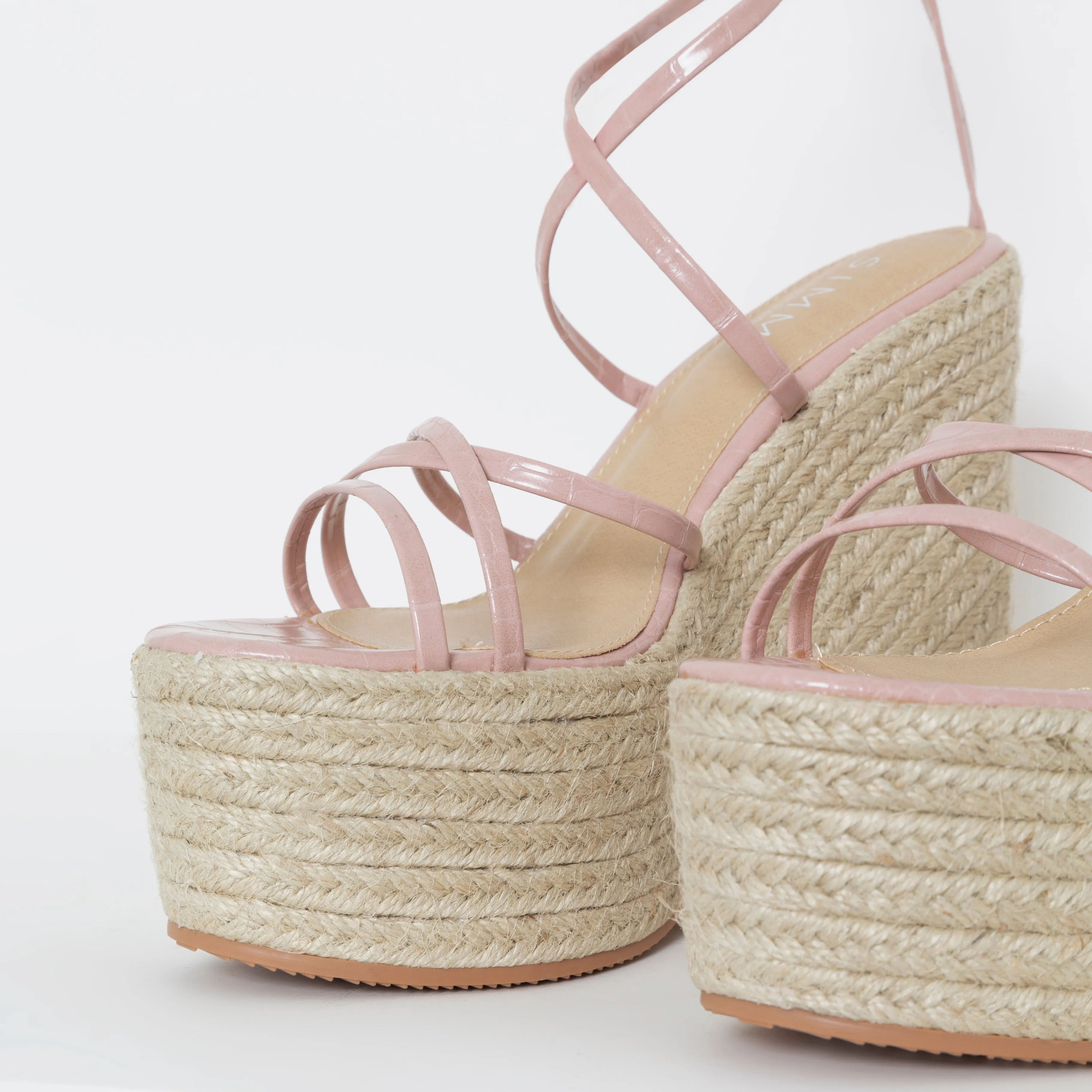 Alessia Pink Faux Croc Print Lace Up Espadrille Wedges