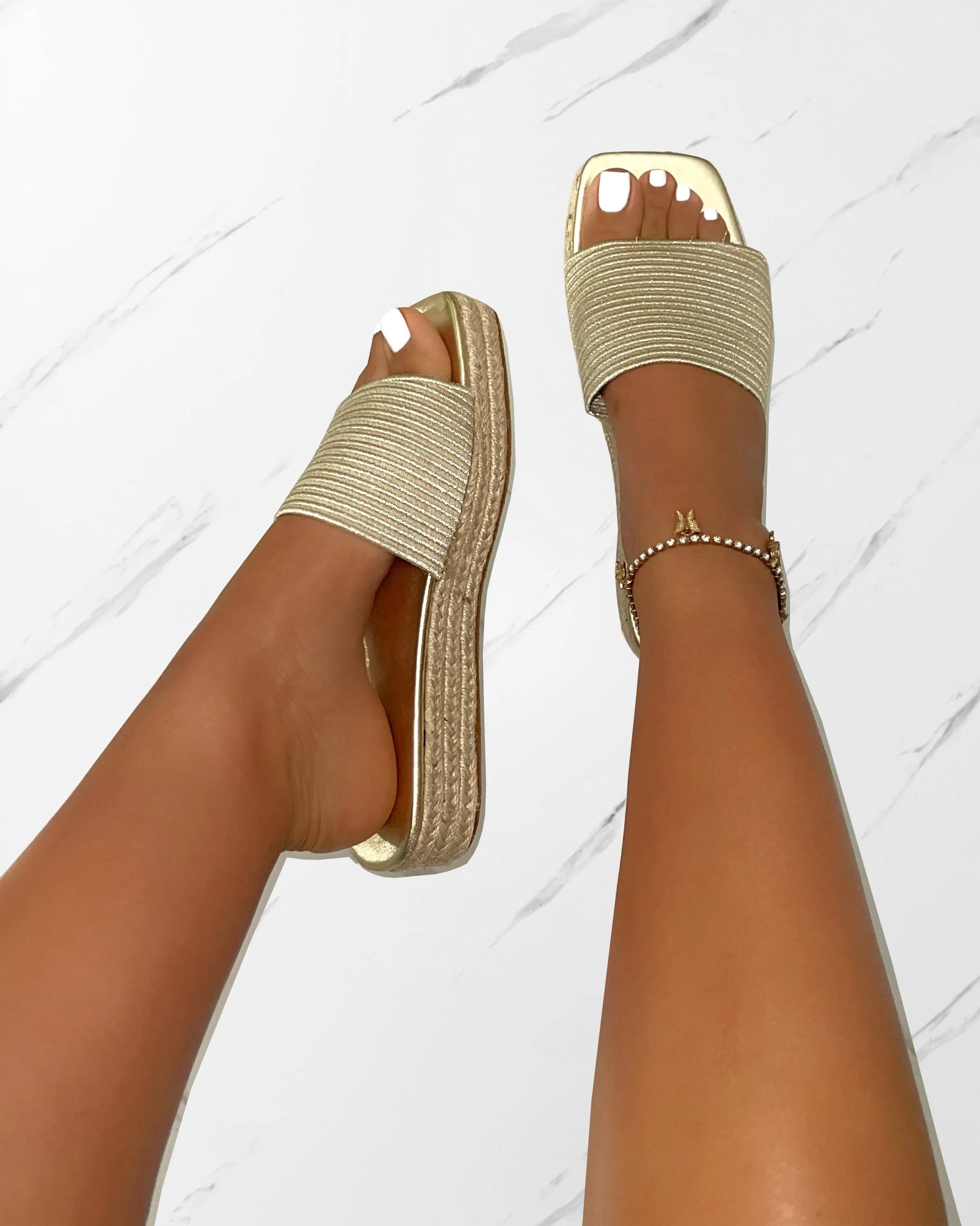 Alohi Beige Embroidered Espadrille Flatform Slides