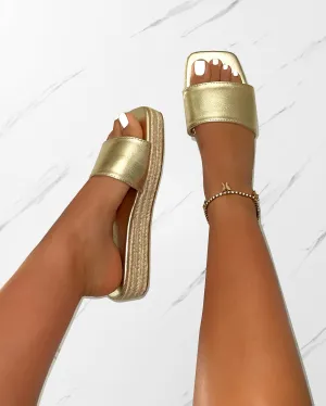 Alohi Gold Cracked Espadrille Flatform Slides