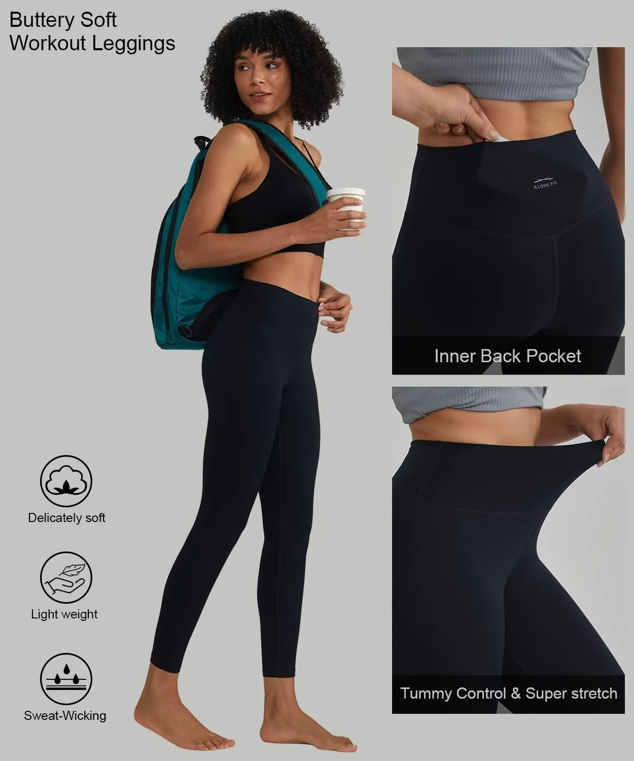 ALONG FIT High Waisted Leggings with Pockets, Tummy Control Workout Leggings for Women 25’’ Soft Yoga Pants Gym Sport Lounge
