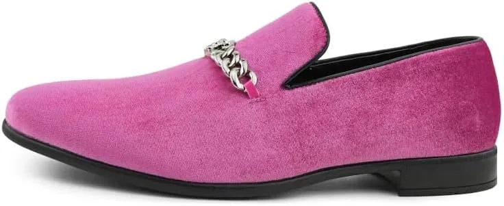 Amali Velvet Slip-On Dress Loafers for Men with Lion Head Piece, Men's Formal Smoking Tuxedo Slippers, Loafer Shoes with Metal Chain Detail
