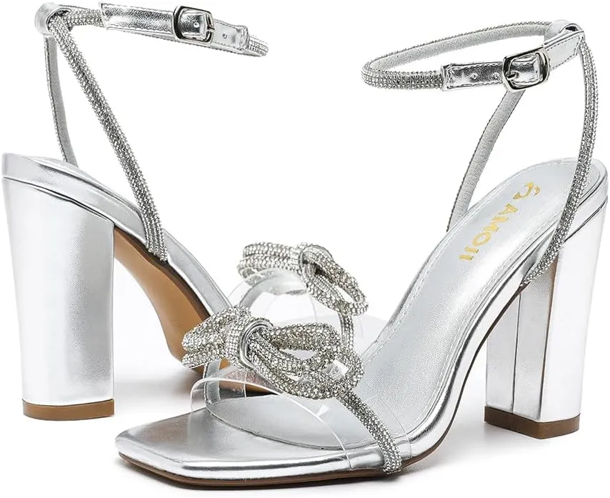 Amoji Women's 4 Inch Rhinestone Bowknots Block Heeled Crystal Sandal Ankle Strap Clear Heels 315