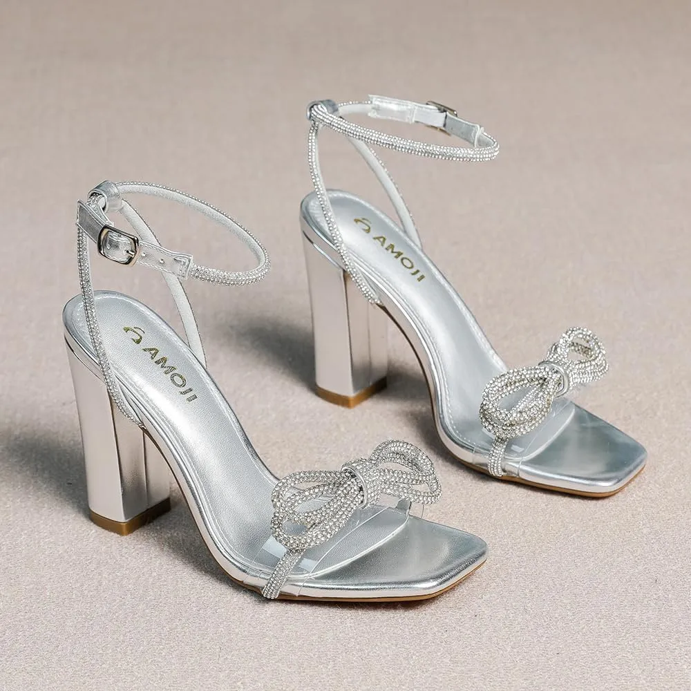 Amoji Women's 4 Inch Rhinestone Bowknots Block Heeled Crystal Sandal Ankle Strap Clear Heels 315