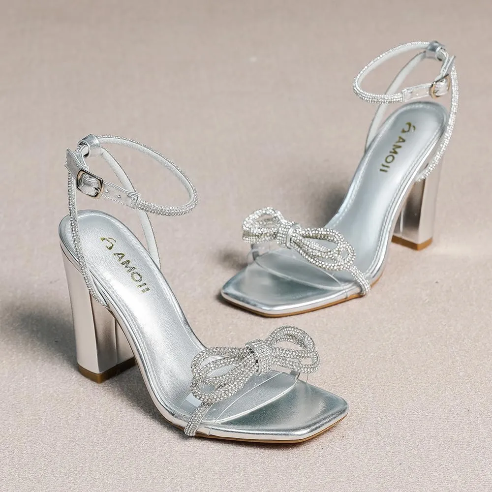 Amoji Women's 4 Inch Rhinestone Bowknots Block Heeled Crystal Sandal Ankle Strap Clear Heels 315