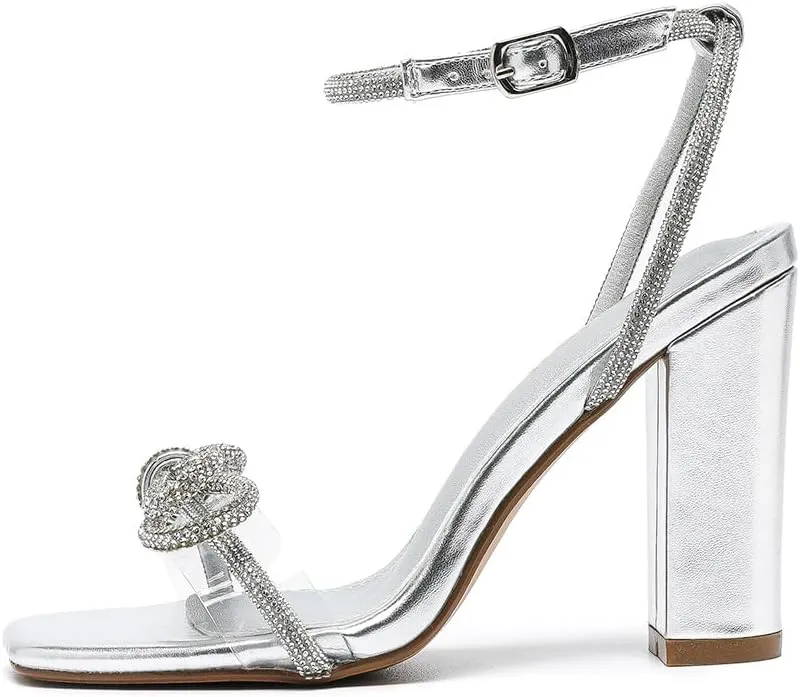 Amoji Women's 4 Inch Rhinestone Bowknots Block Heeled Crystal Sandal Ankle Strap Clear Heels 315