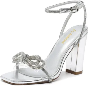 Amoji Women's 4 Inch Rhinestone Bowknots Block Heeled Crystal Sandal Ankle Strap Clear Heels 315