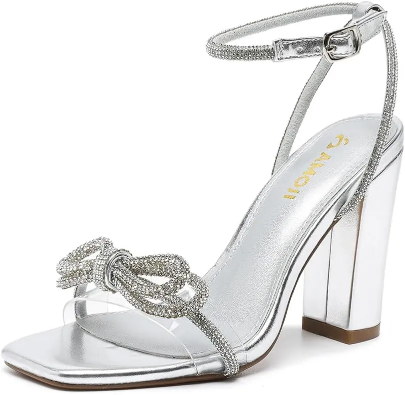 Amoji Women's 4 Inch Rhinestone Bowknots Block Heeled Crystal Sandal Ankle Strap Clear Heels 315