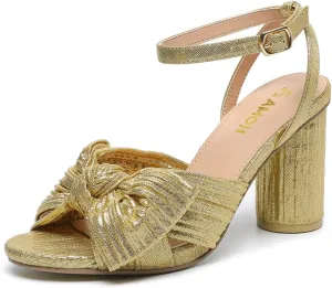 Amoji Women's Satin Block Heeled 3 Inch-4 Inch Sandal Bowknot Pleated Ankle Strap for Wedding Party Dress Shoes 302