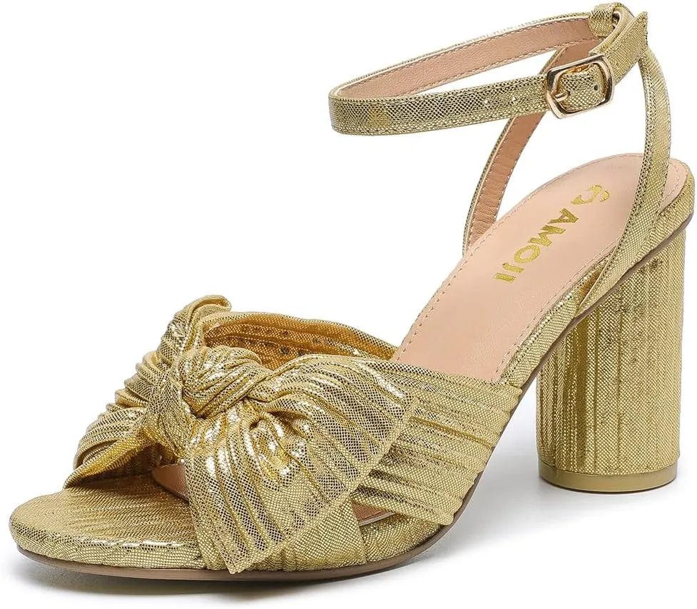 Amoji Women's Satin Block Heeled 3 Inch-4 Inch Sandal Bowknot Pleated Ankle Strap for Wedding Party Dress Shoes 302