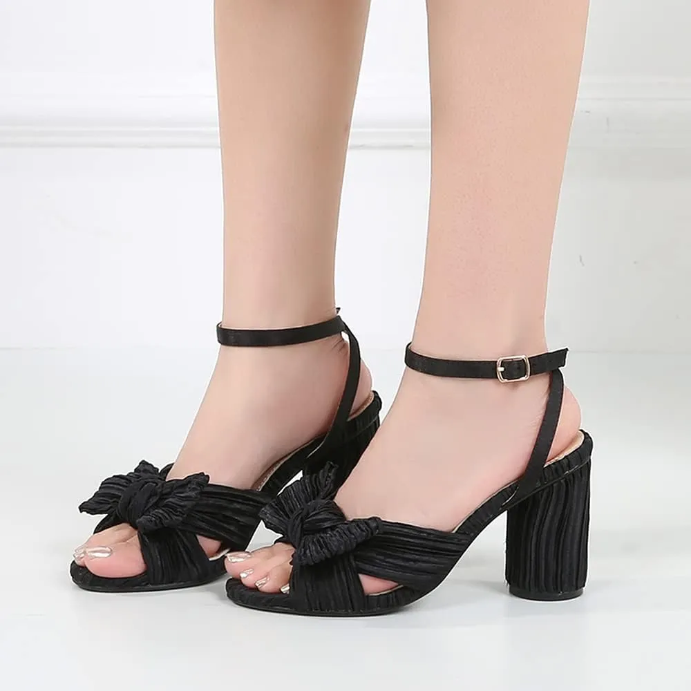 Amoji Women's Satin Block Heeled 3 Inch-4 Inch Sandal Bowknot Pleated Ankle Strap for Wedding Party Dress Shoes 302