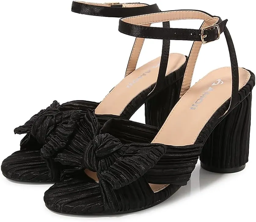 Amoji Women's Satin Block Heeled 3 Inch-4 Inch Sandal Bowknot Pleated Ankle Strap for Wedding Party Dress Shoes 302