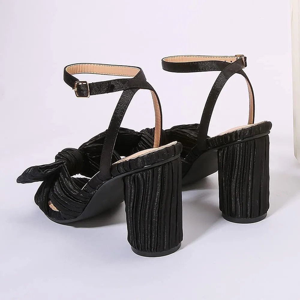 Amoji Women's Satin Block Heeled 3 Inch-4 Inch Sandal Bowknot Pleated Ankle Strap for Wedding Party Dress Shoes 302
