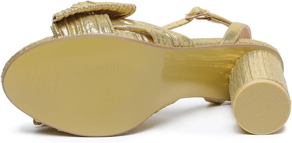 Amoji Women's Satin Block Heeled 3 Inch-4 Inch Sandal Bowknot Pleated Ankle Strap for Wedding Party Dress Shoes 302