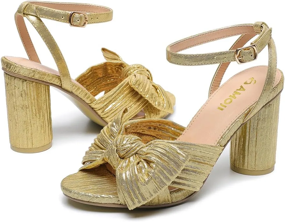 Amoji Women's Satin Block Heeled 3 Inch-4 Inch Sandal Bowknot Pleated Ankle Strap for Wedding Party Dress Shoes 302