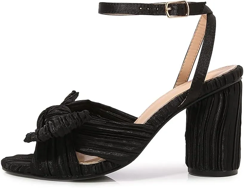 Amoji Women's Satin Block Heeled 3 Inch-4 Inch Sandal Bowknot Pleated Ankle Strap for Wedding Party Dress Shoes 302