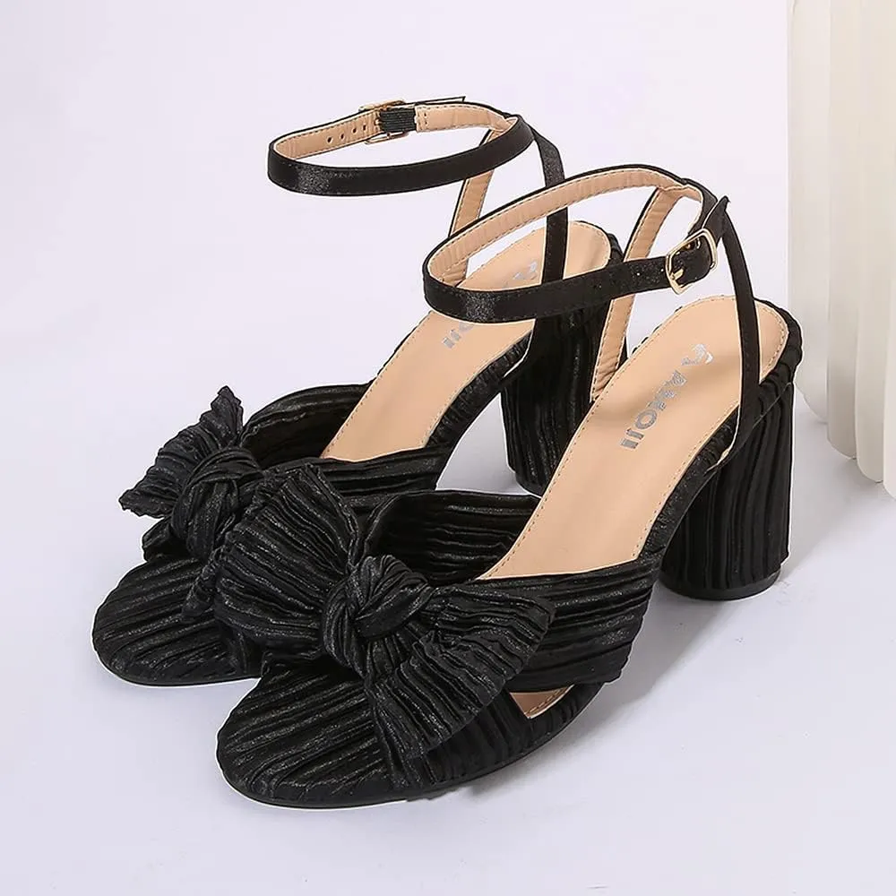 Amoji Women's Satin Block Heeled 3 Inch-4 Inch Sandal Bowknot Pleated Ankle Strap for Wedding Party Dress Shoes 302