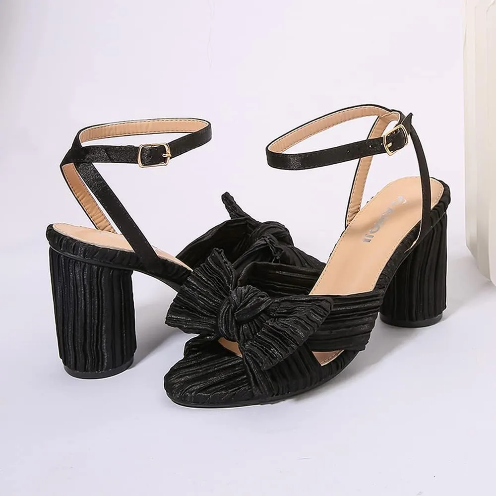 Amoji Women's Satin Block Heeled 3 Inch-4 Inch Sandal Bowknot Pleated Ankle Strap for Wedding Party Dress Shoes 302