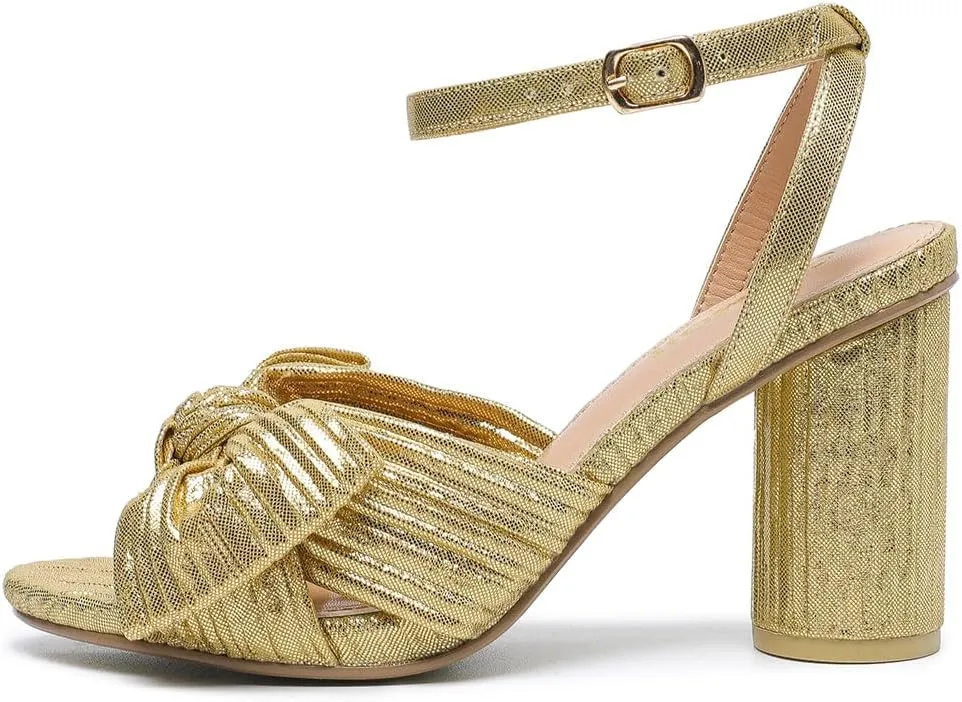 Amoji Women's Satin Block Heeled 3 Inch-4 Inch Sandal Bowknot Pleated Ankle Strap for Wedding Party Dress Shoes 302