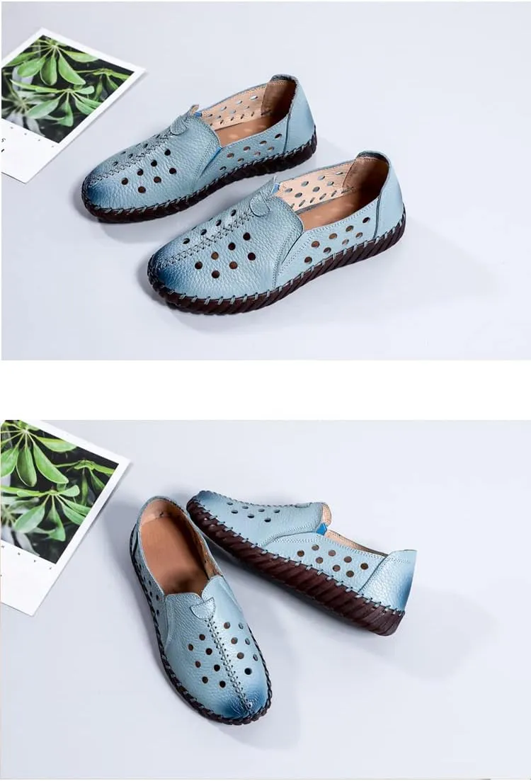 AngryMonkey Women's Leather Flat Slip on Loafers, Round Toe Soft Bottom Breathable Non-Slip Good Arch Walking Shoes Nurse Shoes