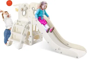 Arlopu Kids Slide L-Shaped, 5 in 1 Slide Climber for Toddler, with Ball & Hoop, Storage Space and Non-Slip Steps, Indoor Outdoor Baby Playset, Ideal for Boys Girls Birthday 3 Years   (White)
