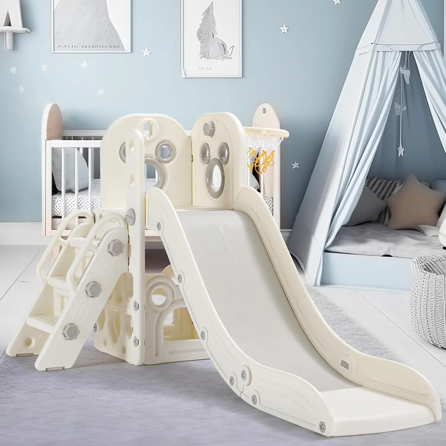 Arlopu Kids Slide L-Shaped, 5 in 1 Slide Climber for Toddler, with Ball & Hoop, Storage Space and Non-Slip Steps, Indoor Outdoor Baby Playset, Ideal for Boys Girls Birthday 3 Years   (White)
