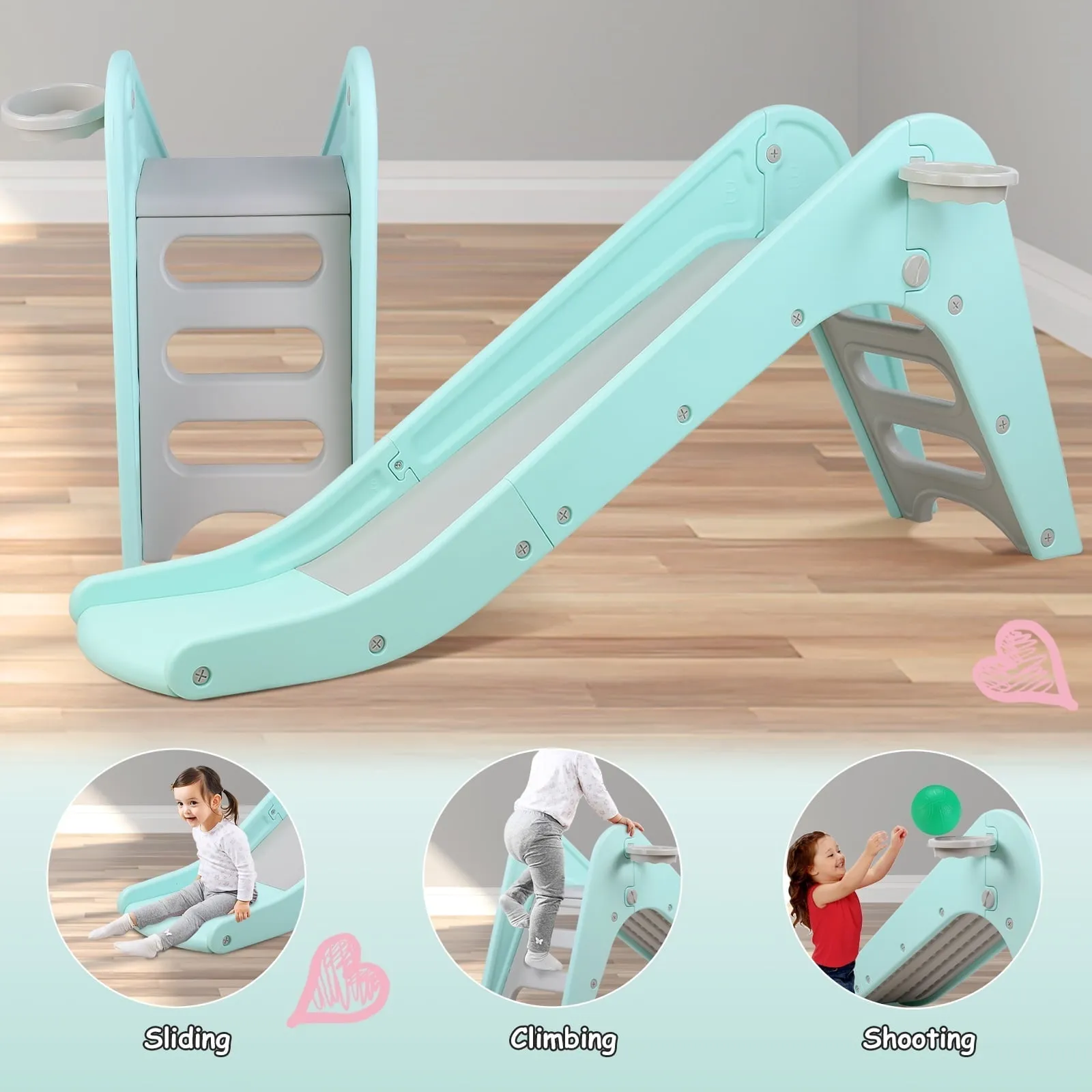 Arlopu Plastic First Slide for Toddlers, Sturdy Kids Slide Play Climber with Basketball Hoop, Indoor Outdoor Playground Playset for Kids 1-6 Years