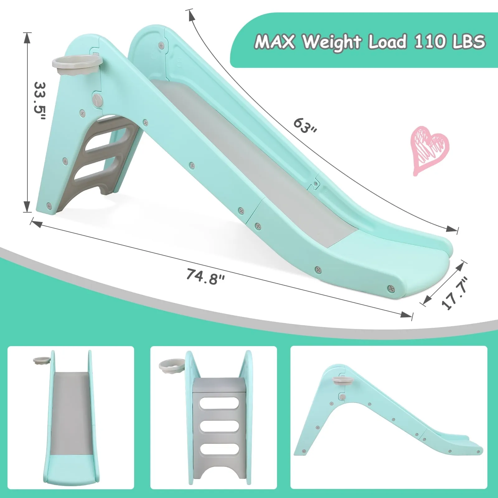 Arlopu Plastic First Slide for Toddlers, Sturdy Kids Slide Play Climber with Basketball Hoop, Indoor Outdoor Playground Playset for Kids 1-6 Years
