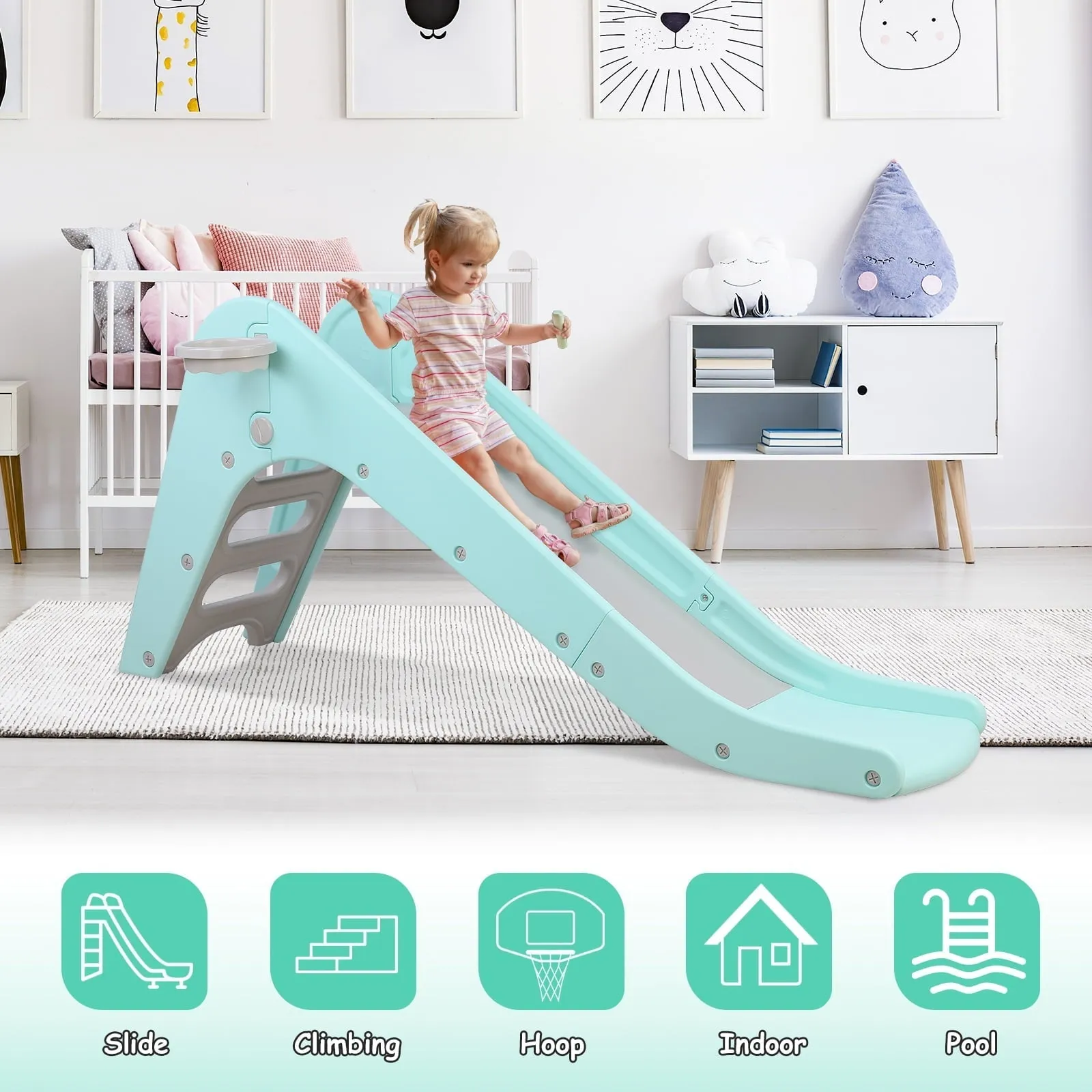 Arlopu Plastic First Slide for Toddlers, Sturdy Kids Slide Play Climber with Basketball Hoop, Indoor Outdoor Playground Playset for Kids 1-6 Years