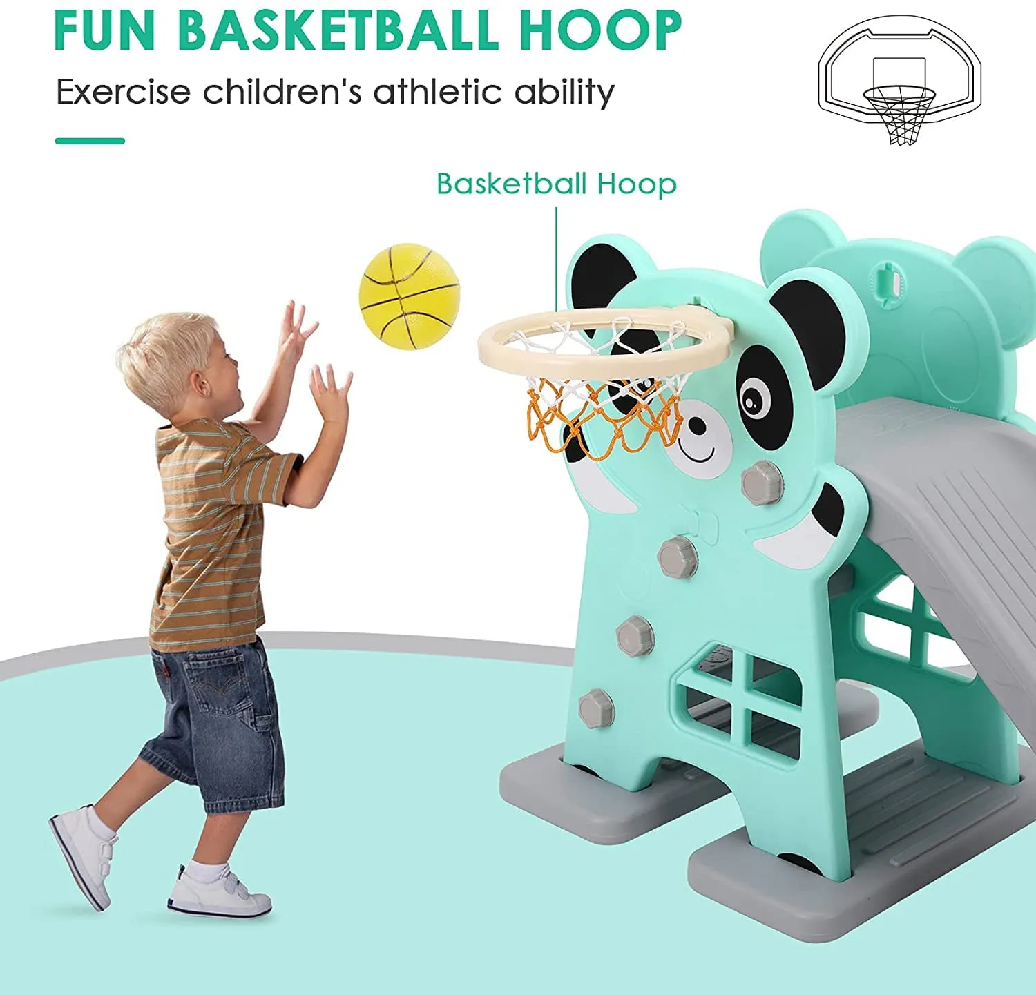 Arlopu Sturdy Kids Slide, Plastic Toddler First Slide Climber Set Indoor Outdoor Playground Toy with Basketball Hoop and Ball