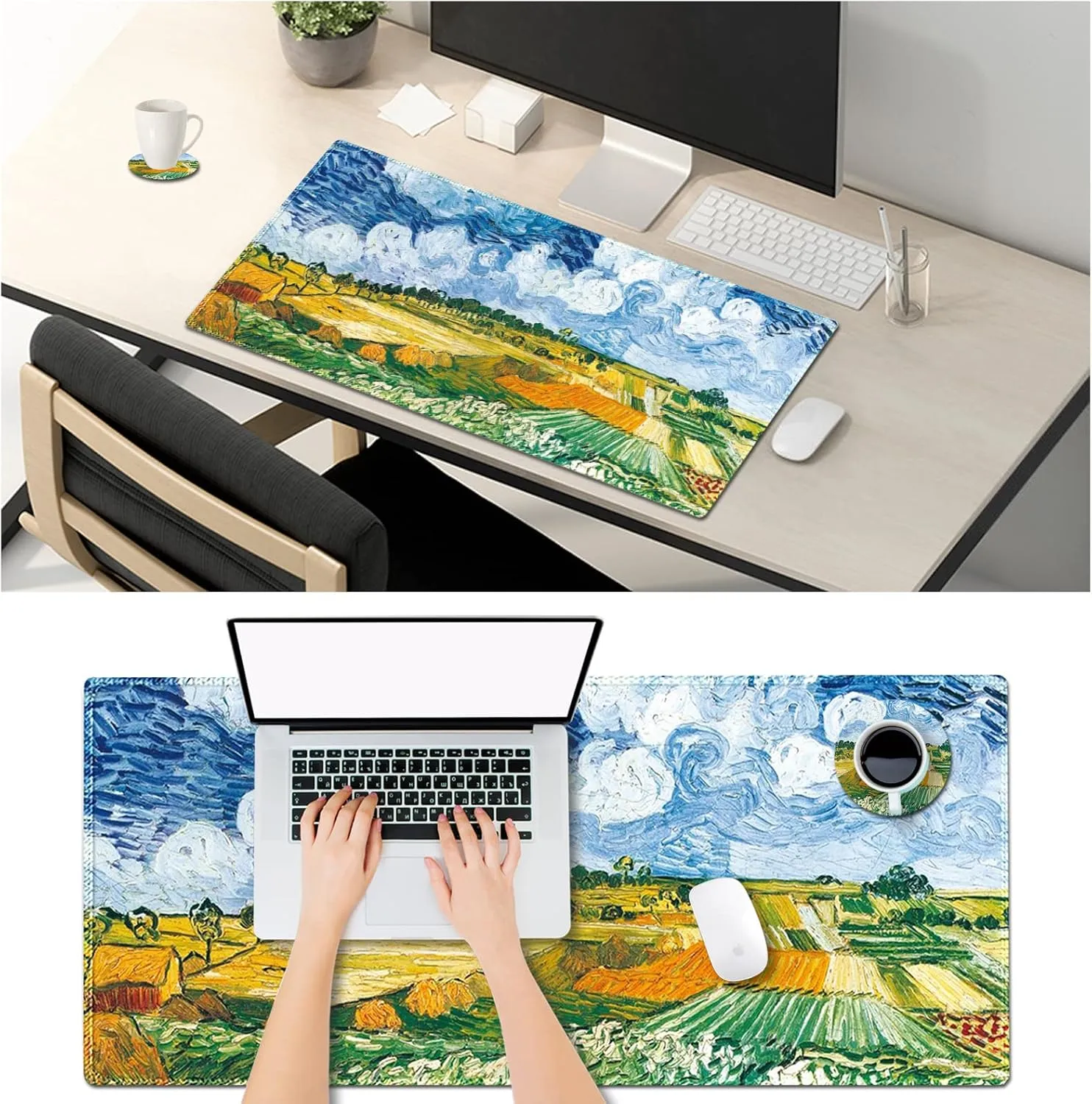 ARTSO Large Gaming Mouse Pad, Extended Stitched Edges Keyboard Mat Desk Mousepad Writing Pad 35.1 x 15.7 in, with Coaster, Field Plain