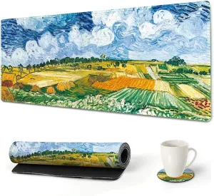 ARTSO Large Gaming Mouse Pad, Extended Stitched Edges Keyboard Mat Desk Mousepad Writing Pad 35.1 x 15.7 in, with Coaster, Field Plain