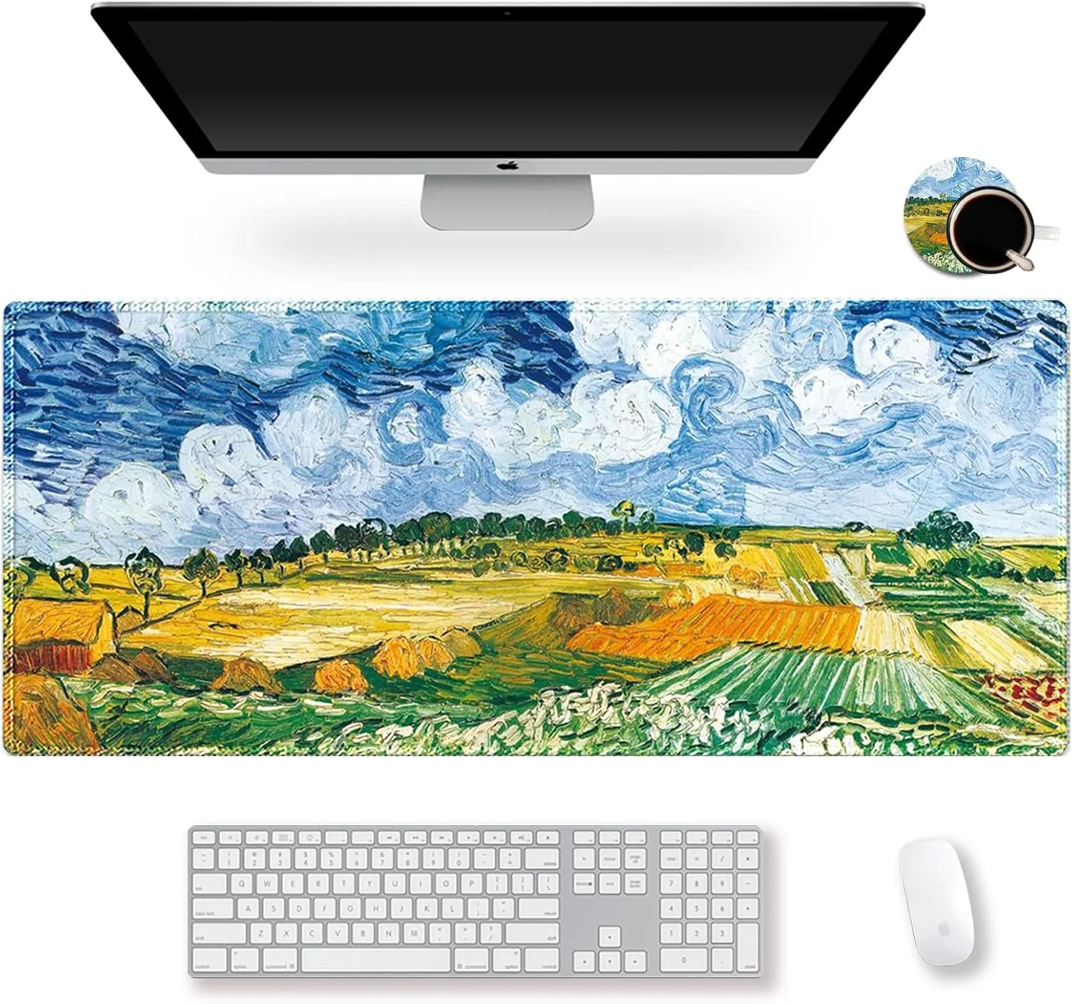ARTSO Large Gaming Mouse Pad, Extended Stitched Edges Keyboard Mat Desk Mousepad Writing Pad 35.1 x 15.7 in, with Coaster, Field Plain