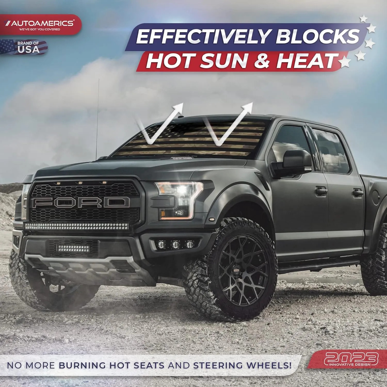 Autoamerics Truck Windshield Sun Shade with Storage Pouch & Anti-Slip Dash Pad - Foldable Dark Camo USA Flag Design - Fits Most SUVs & Trucks - Blocks UV Rays and Keeps Car Cool | XL (66 x 36 inches)
