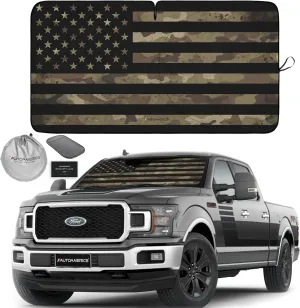 Autoamerics Truck Windshield Sun Shade with Storage Pouch & Anti-Slip Dash Pad - Foldable Dark Camo USA Flag Design - Fits Most SUVs & Trucks - Blocks UV Rays and Keeps Car Cool | XL (66 x 36 inches)