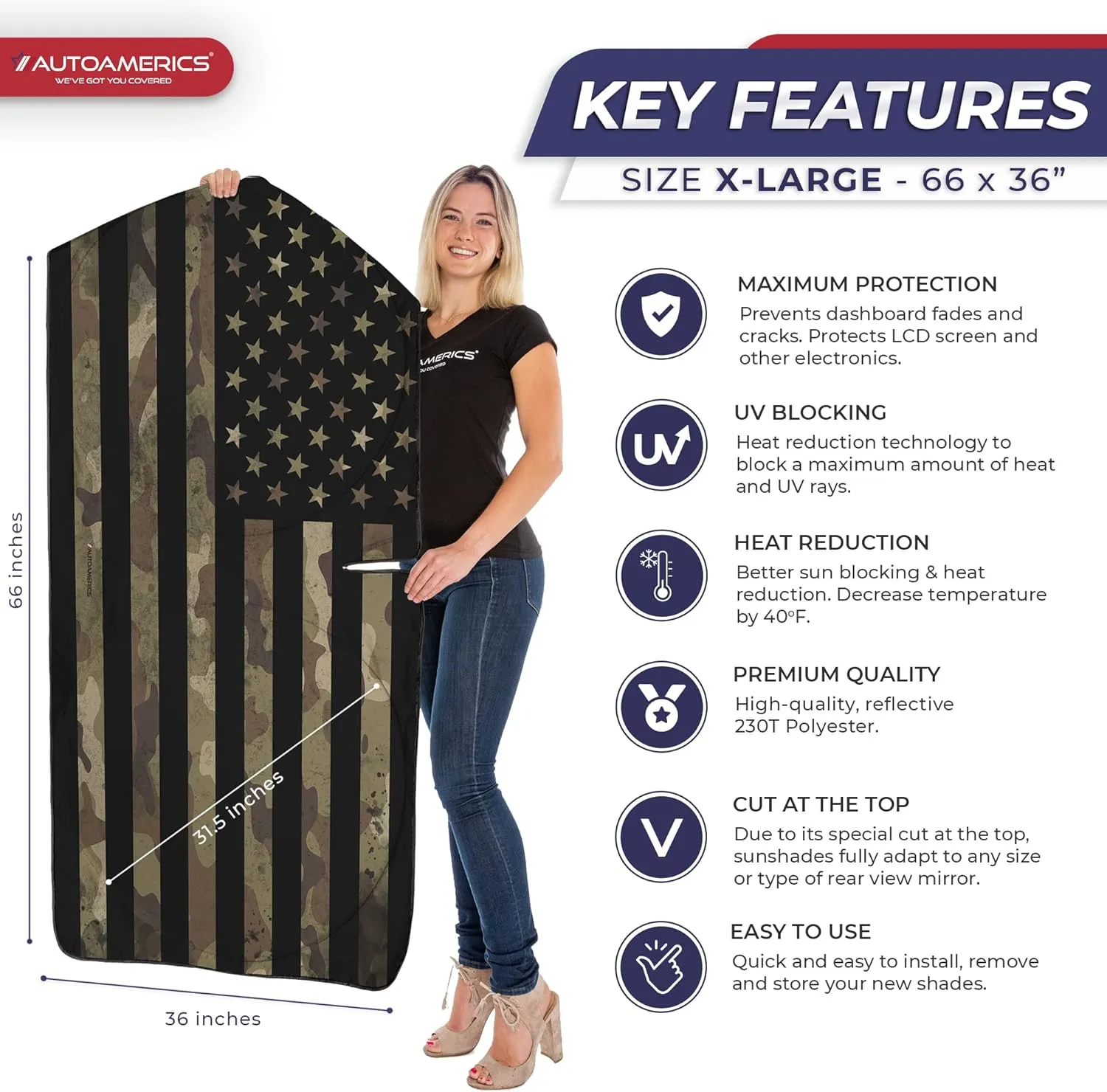 Autoamerics Truck Windshield Sun Shade with Storage Pouch & Anti-Slip Dash Pad - Foldable Dark Camo USA Flag Design - Fits Most SUVs & Trucks - Blocks UV Rays and Keeps Car Cool | XL (66 x 36 inches)
