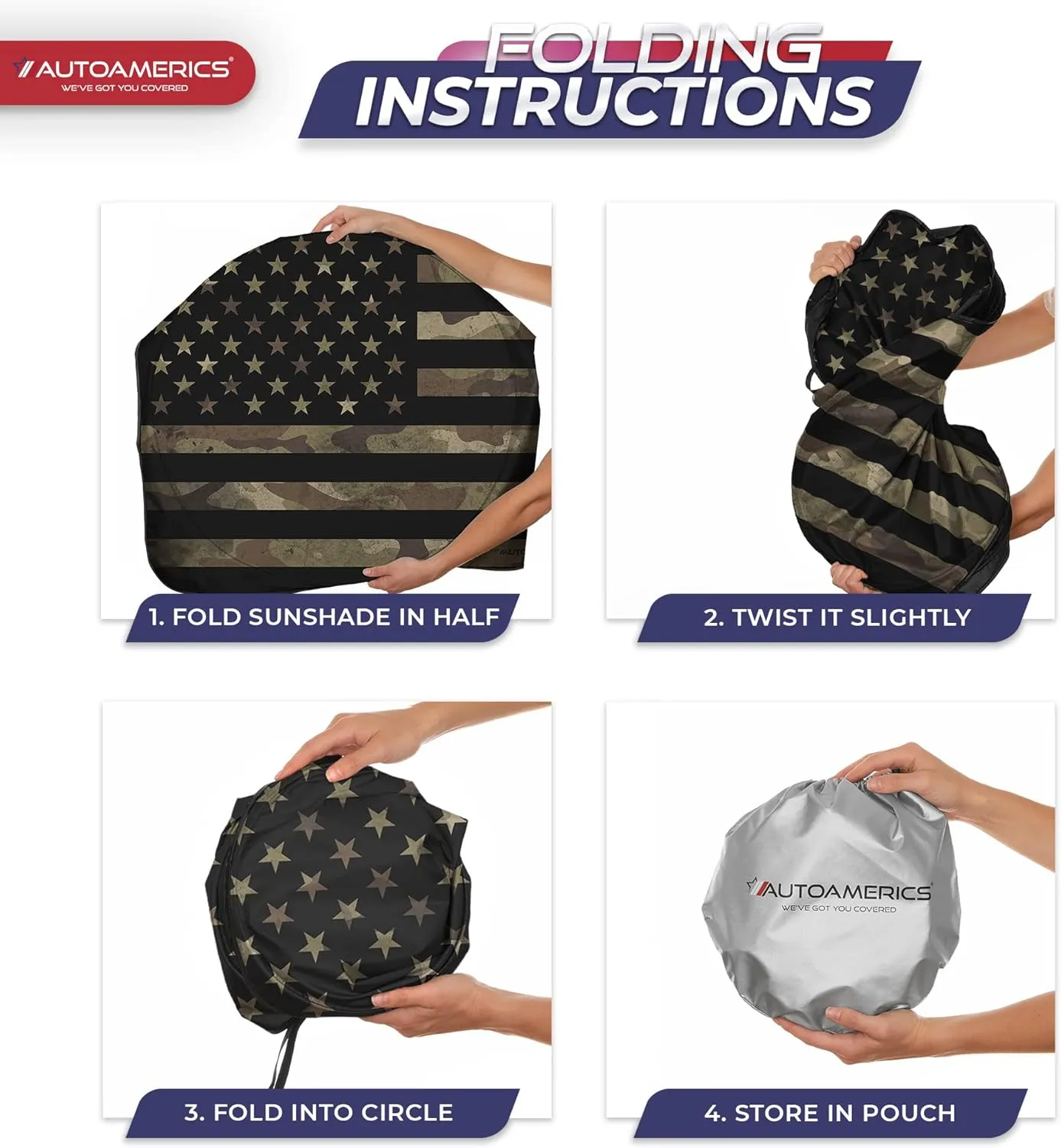 Autoamerics Truck Windshield Sun Shade with Storage Pouch & Anti-Slip Dash Pad - Foldable Dark Camo USA Flag Design - Fits Most SUVs & Trucks - Blocks UV Rays and Keeps Car Cool | XL (66 x 36 inches)