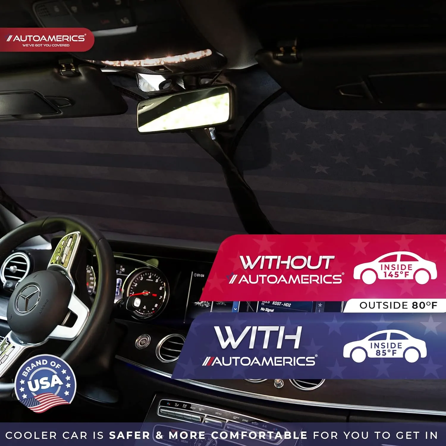 Autoamerics Truck Windshield Sun Shade with Storage Pouch & Anti-Slip Dash Pad - Foldable Dark Camo USA Flag Design - Fits Most SUVs & Trucks - Blocks UV Rays and Keeps Car Cool | XL (66 x 36 inches)