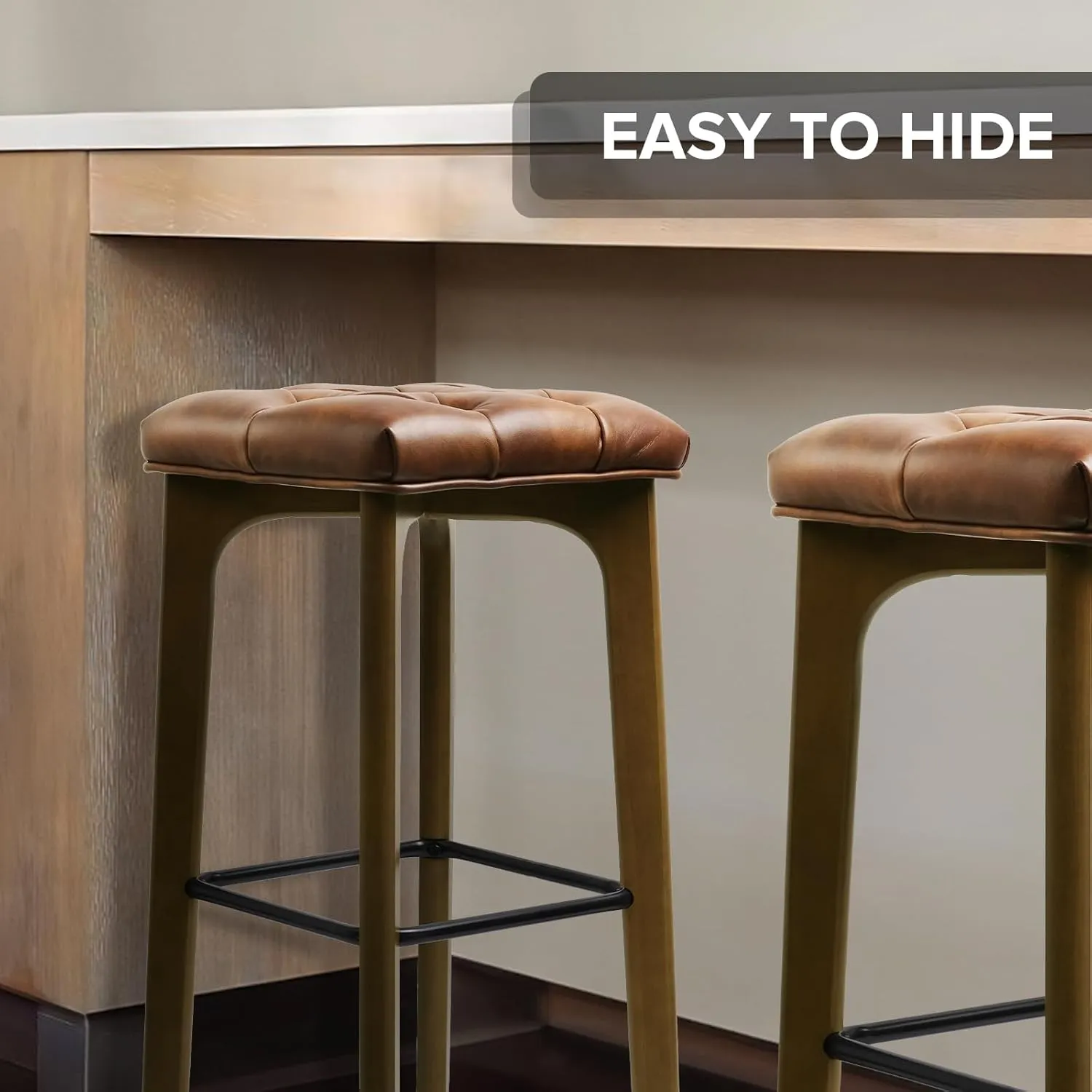 Bar Stools Set of 2, BarEasy 24 inch Counter Height Bar Stools, Barstools Upholstered Faux Leather Bar Stool, Solid Wood Backless Bar Stools For Kitchen Counter Island, Breakfast Bar, Restaurant-Brown