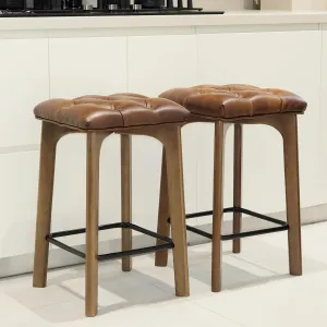 Bar Stools Set of 2, BarEasy 24 inch Counter Height Bar Stools, Barstools Upholstered Faux Leather Bar Stool, Solid Wood Backless Bar Stools For Kitchen Counter Island, Breakfast Bar, Restaurant-Brown