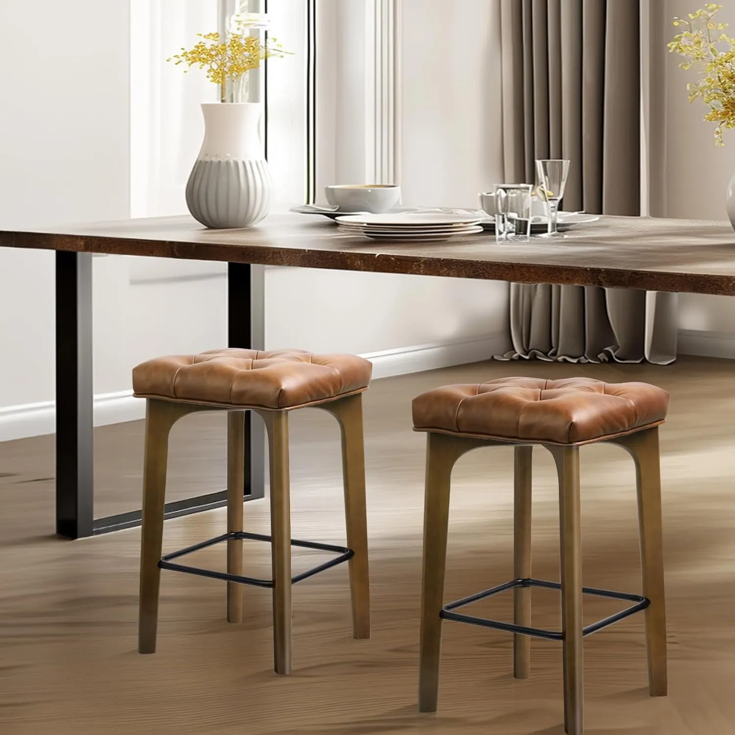 Bar Stools Set of 2, BarEasy 24 inch Counter Height Bar Stools, Barstools Upholstered Faux Leather Bar Stool, Solid Wood Backless Bar Stools For Kitchen Counter Island, Breakfast Bar, Restaurant-Brown