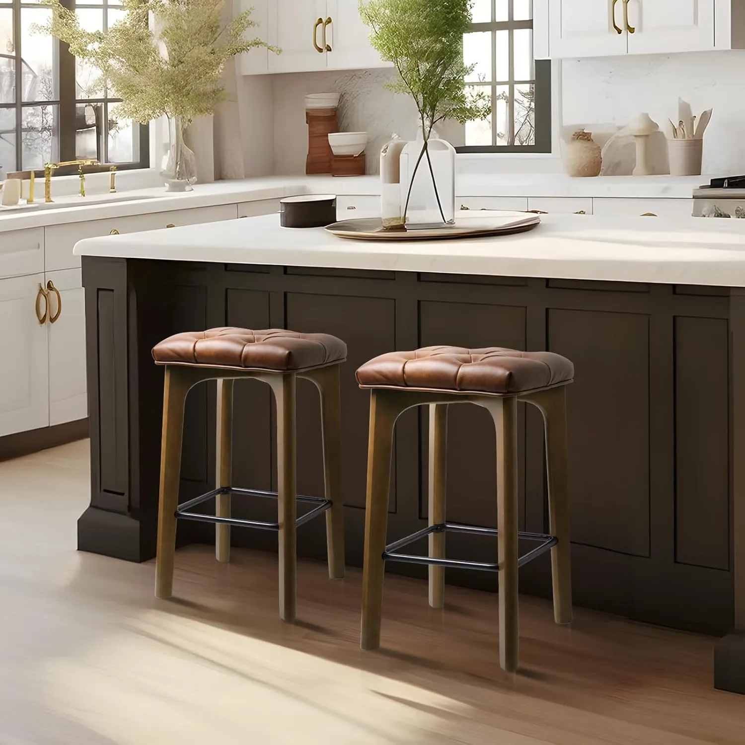 Bar Stools Set of 2, BarEasy 24 inch Counter Height Bar Stools, Barstools Upholstered Faux Leather Bar Stool, Solid Wood Backless Bar Stools For Kitchen Counter Island, Breakfast Bar, Restaurant-Brown