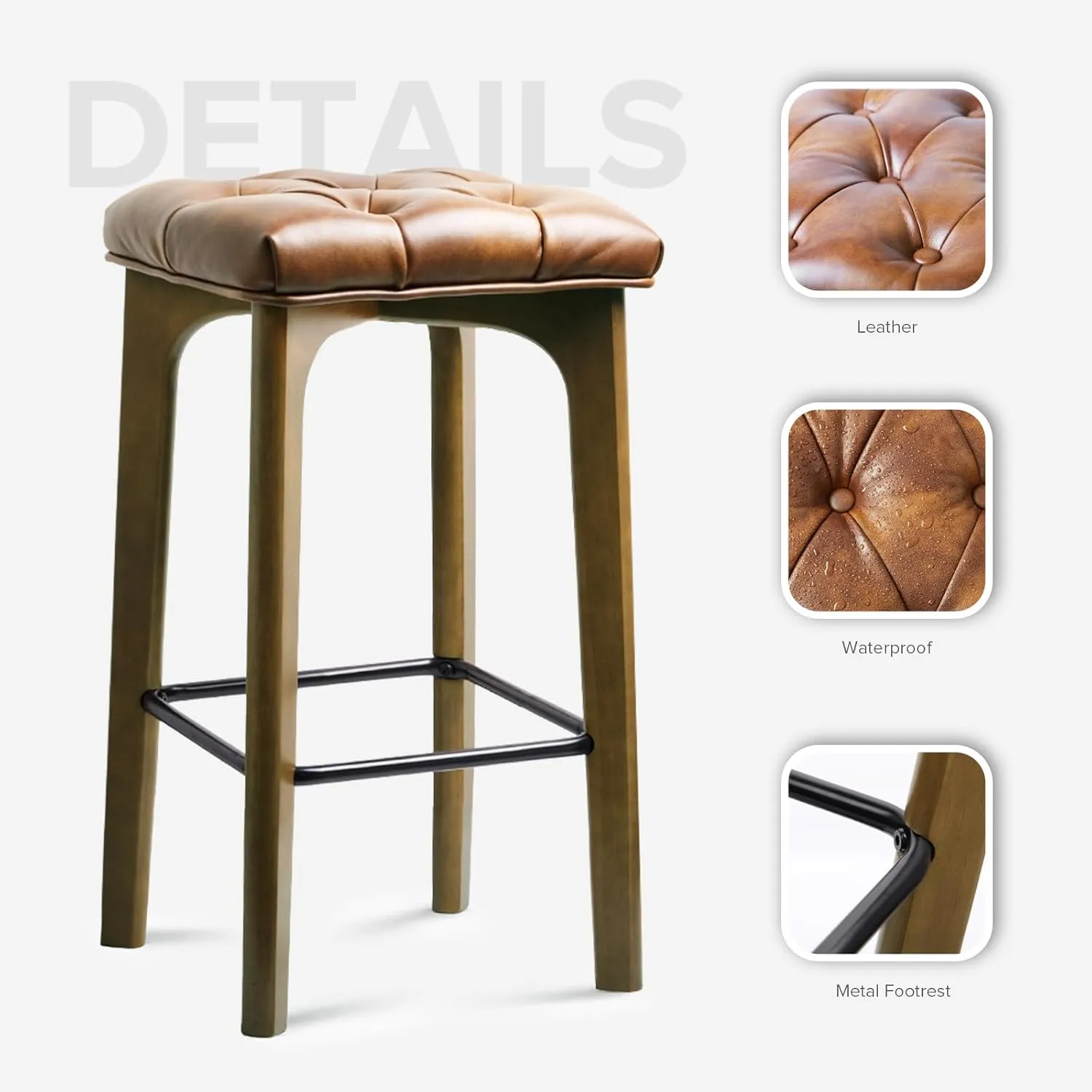 Bar Stools Set of 2, BarEasy 24 inch Counter Height Bar Stools, Barstools Upholstered Faux Leather Bar Stool, Solid Wood Backless Bar Stools For Kitchen Counter Island, Breakfast Bar, Restaurant-Brown
