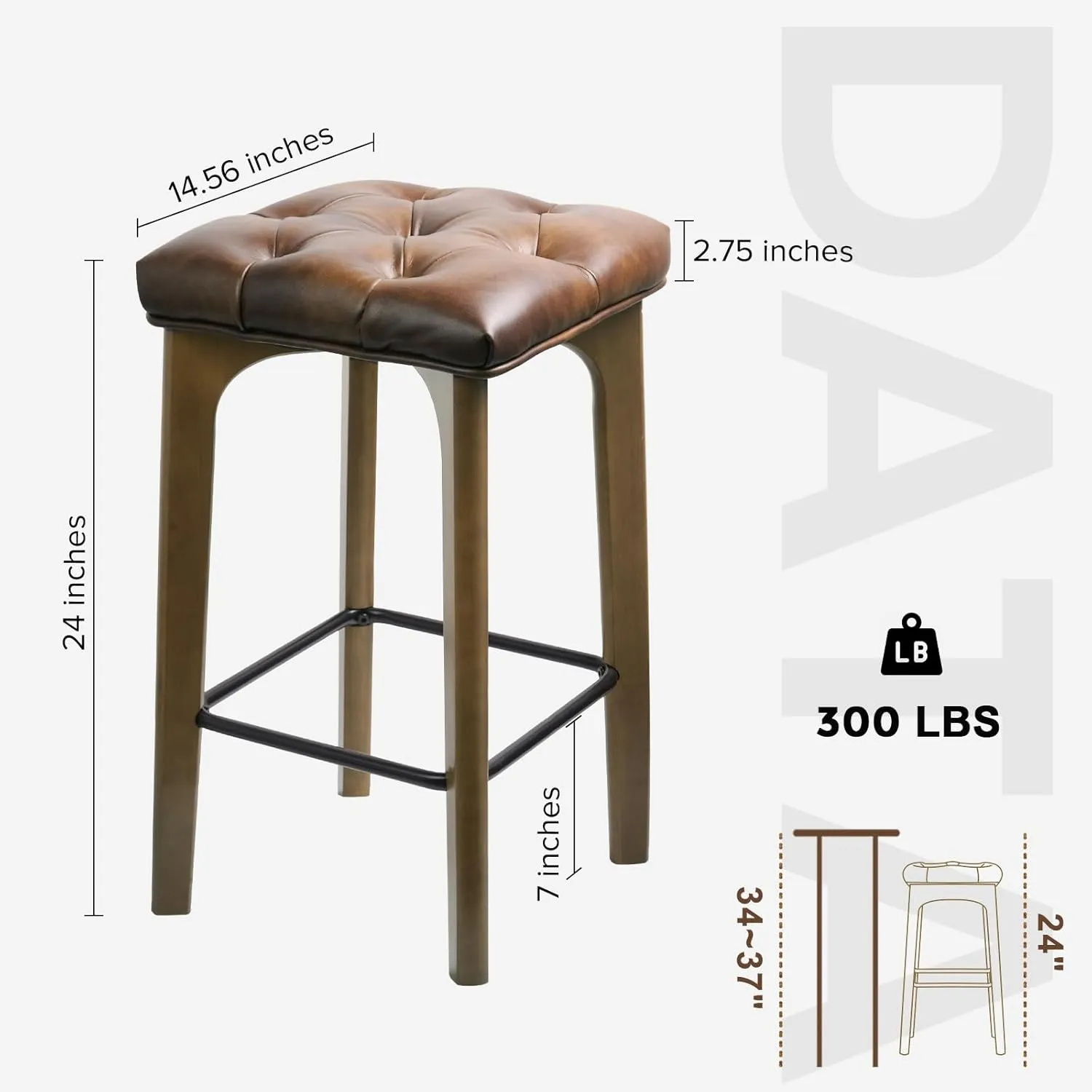 Bar Stools Set of 2, BarEasy 24 inch Counter Height Bar Stools, Barstools Upholstered Faux Leather Bar Stool, Solid Wood Backless Bar Stools For Kitchen Counter Island, Breakfast Bar, Restaurant-Brown