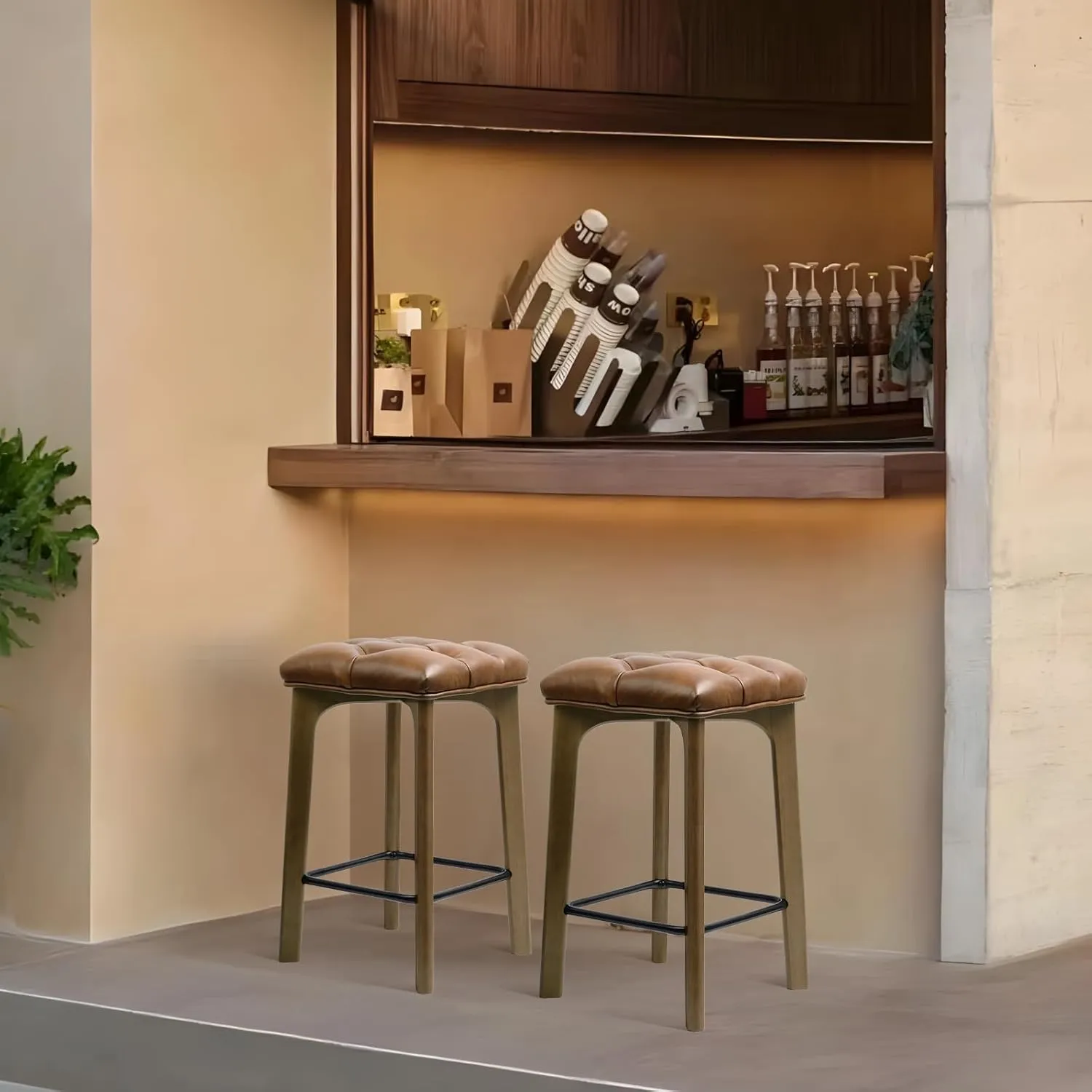 Bar Stools Set of 2, BarEasy 24 inch Counter Height Bar Stools, Barstools Upholstered Faux Leather Bar Stool, Solid Wood Backless Bar Stools For Kitchen Counter Island, Breakfast Bar, Restaurant-Brown