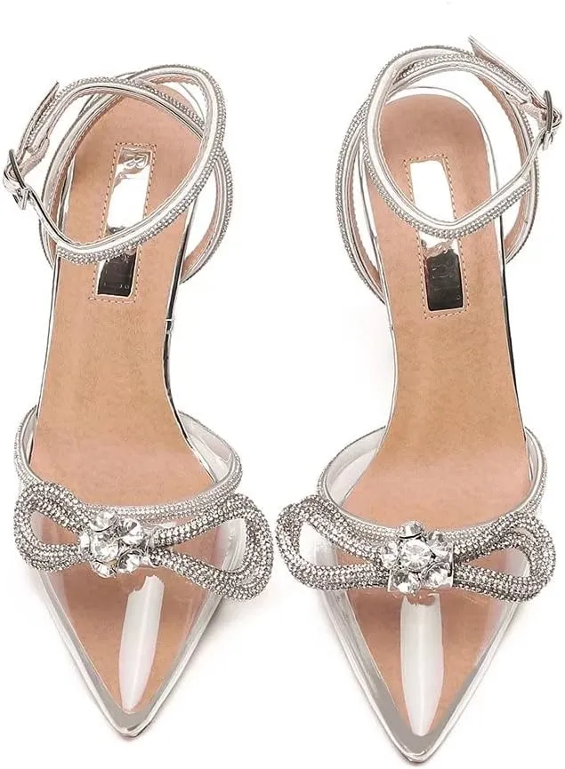 Bieosnli Women's Satin Lace Up High Heel Sandals Ankle Buckle Straps Pump Rhinestone Strip Bowknot Pointed Toe Stiletto Sandals