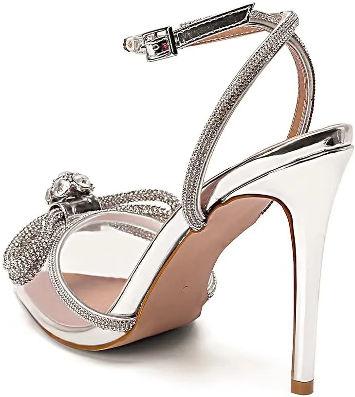 Bieosnli Women's Satin Lace Up High Heel Sandals Ankle Buckle Straps Pump Rhinestone Strip Bowknot Pointed Toe Stiletto Sandals